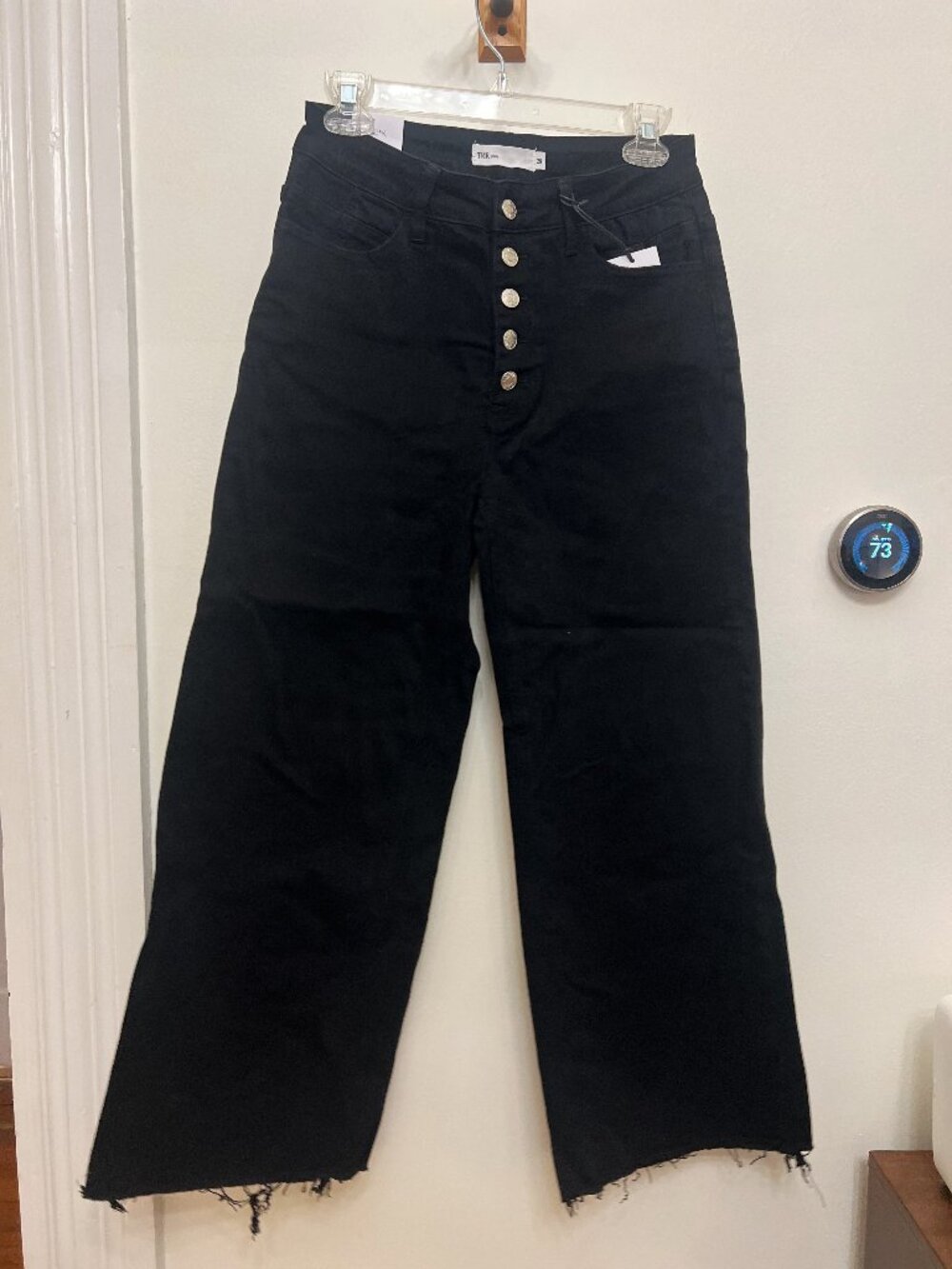 Black Wide Leg Jeans Button Fly Distressed Hem TNR